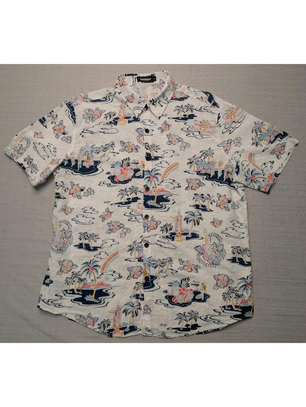 Vatpave Cotton Blend Aloha Island Hawaiian Print Short Sleeve Button Up Large